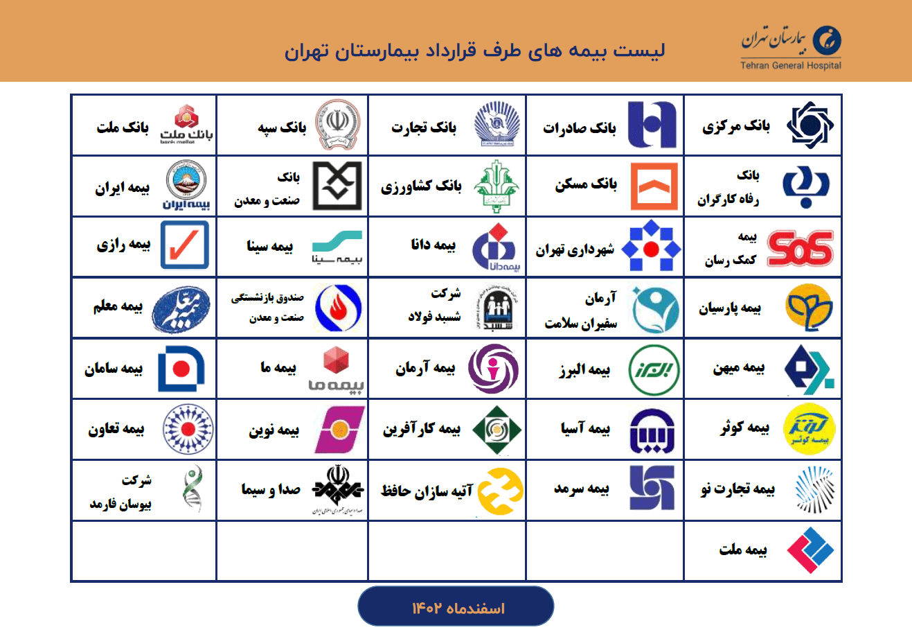 لیست بیمه های بیمارستان تهران-اسفند1402